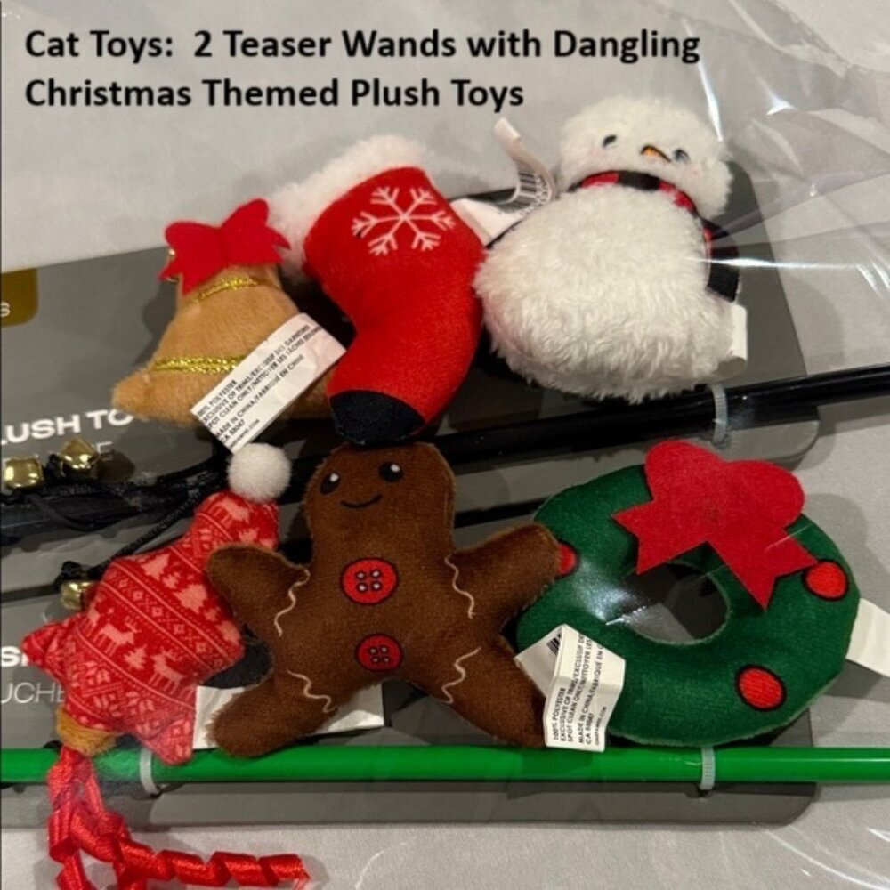 2 Christmas Themed Cat Wands each with 3 Dangling Plush Toys, Teaser Wand Set